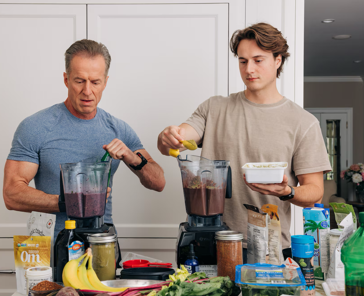 Don and Dillan Walker preparing The Baseline Smoothie in the kitchen